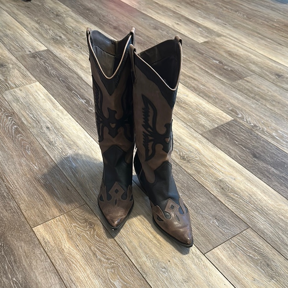 Reba Black and Brown Heeled Boots with Vintage Design